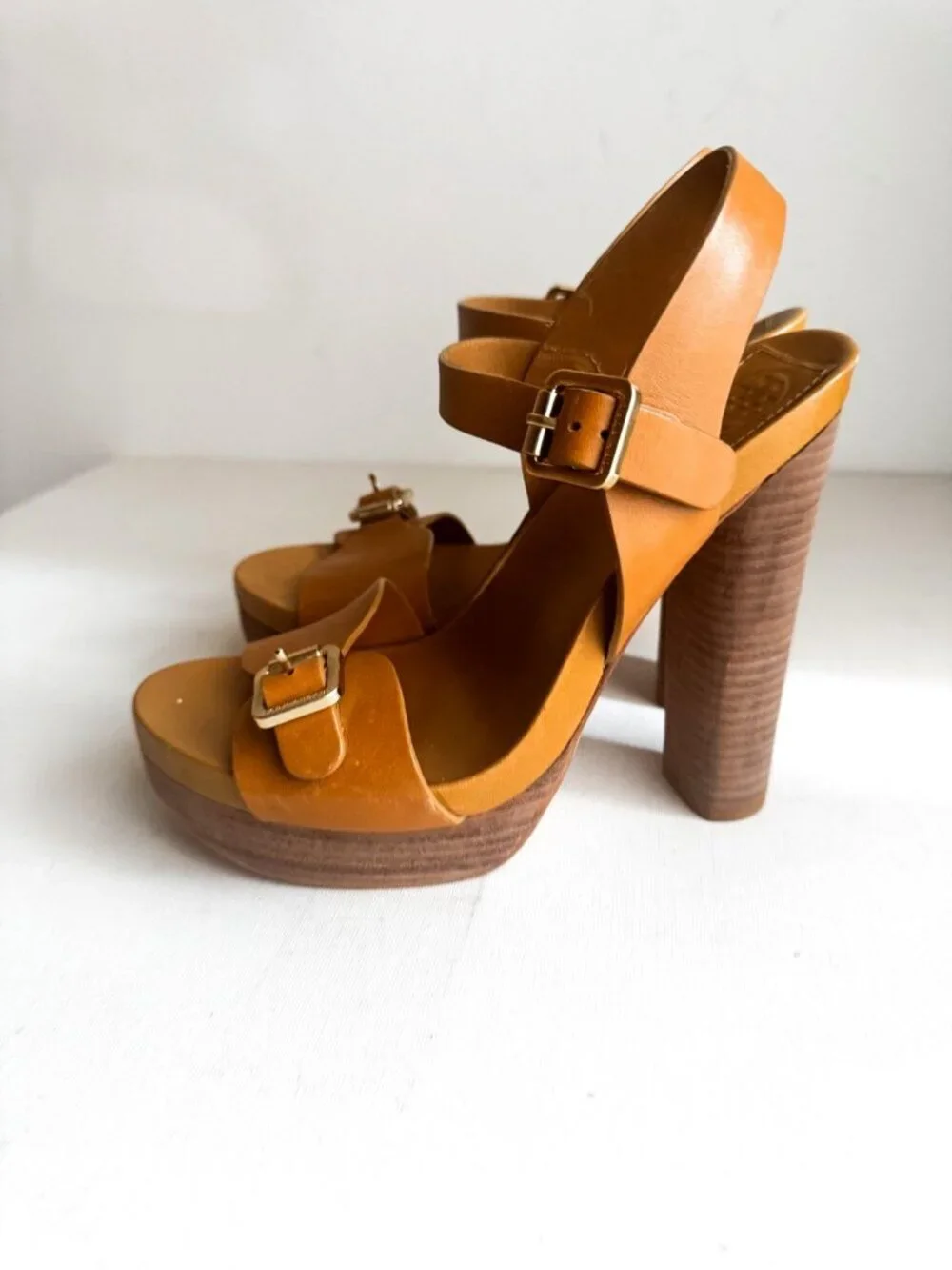 Tory Burch Brown Leather Stacked Heel Sandals 8.5